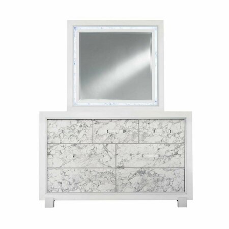 HOMEROOTS Modern White Mirror with Faux Marble Border Detail LED Lightning 384040
